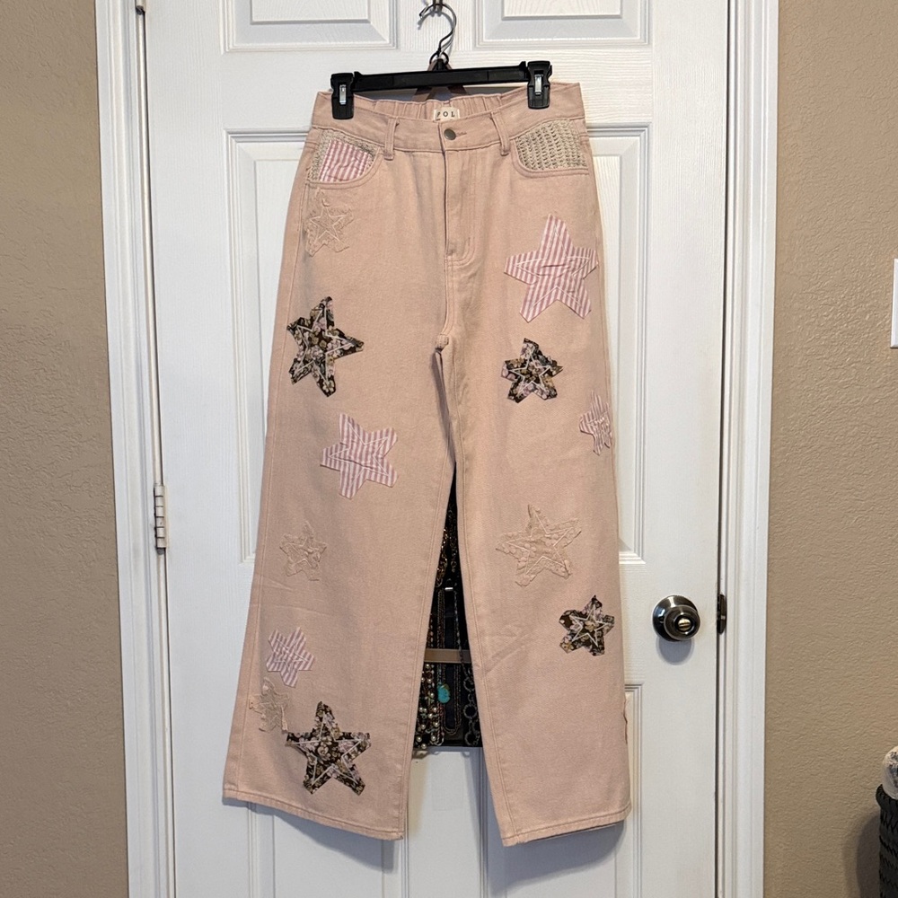 POL Blush Pink Denim with crochet and star Detail. NWOT Size Small